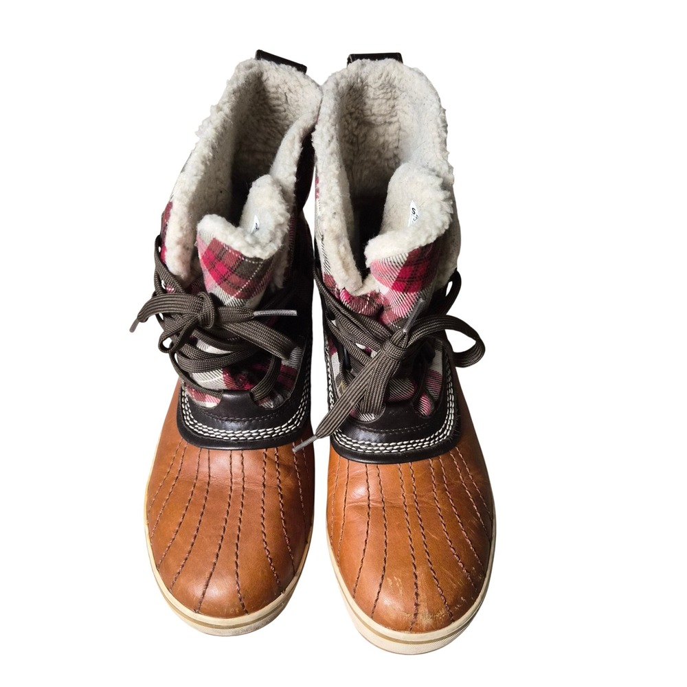 Sorel Slimpack Riding Plaid Waterproof Duck Boots Brown Red NL1653-704 Womens 9
